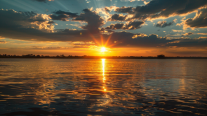 A stunning golden sunset over the calm waters of St. Augustine, Florida, reflecting off the rippling river for a peaceful evening cruise.