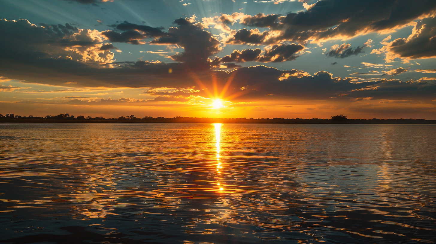 A stunning golden sunset over the calm waters of St. Augustine, Florida, reflecting off the rippling river for a peaceful evening cruise.